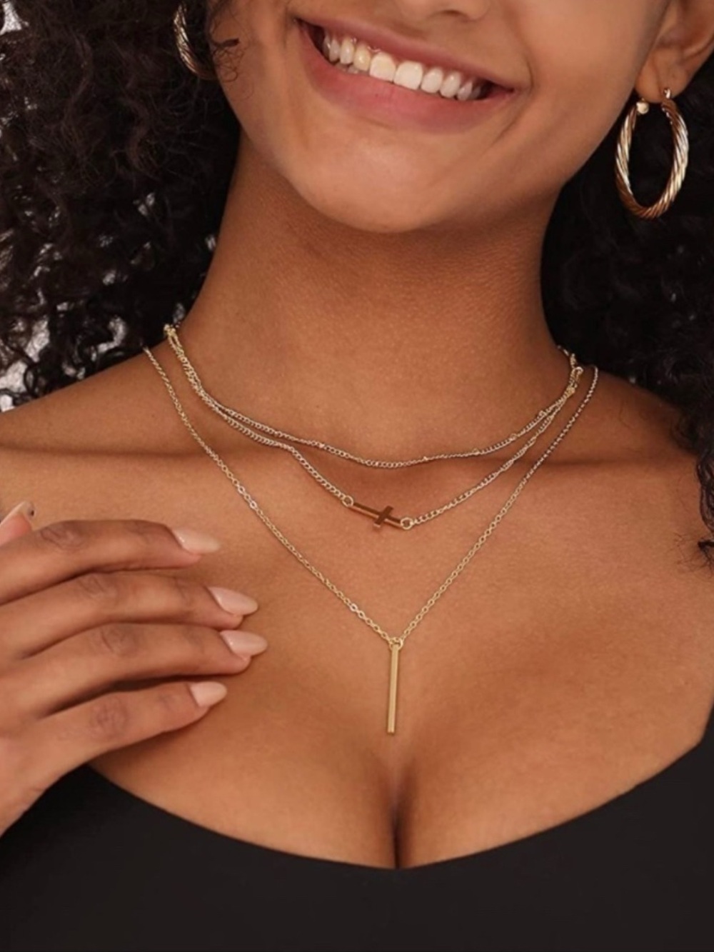 14k Gold Plated Cross & Bar 3pc Chain Necklace Set